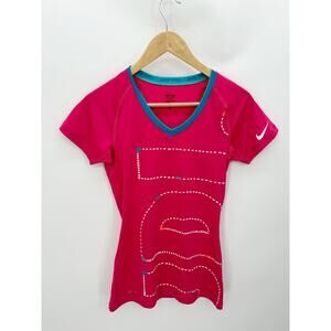 Nike Pro Pink 'Just Do It' Short Sleeve V Neck Tee T-Shirt Polyester Blend Small